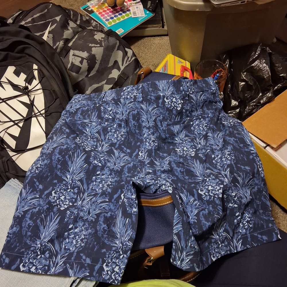 Navy Blue Pineapple Print Swim Trunks